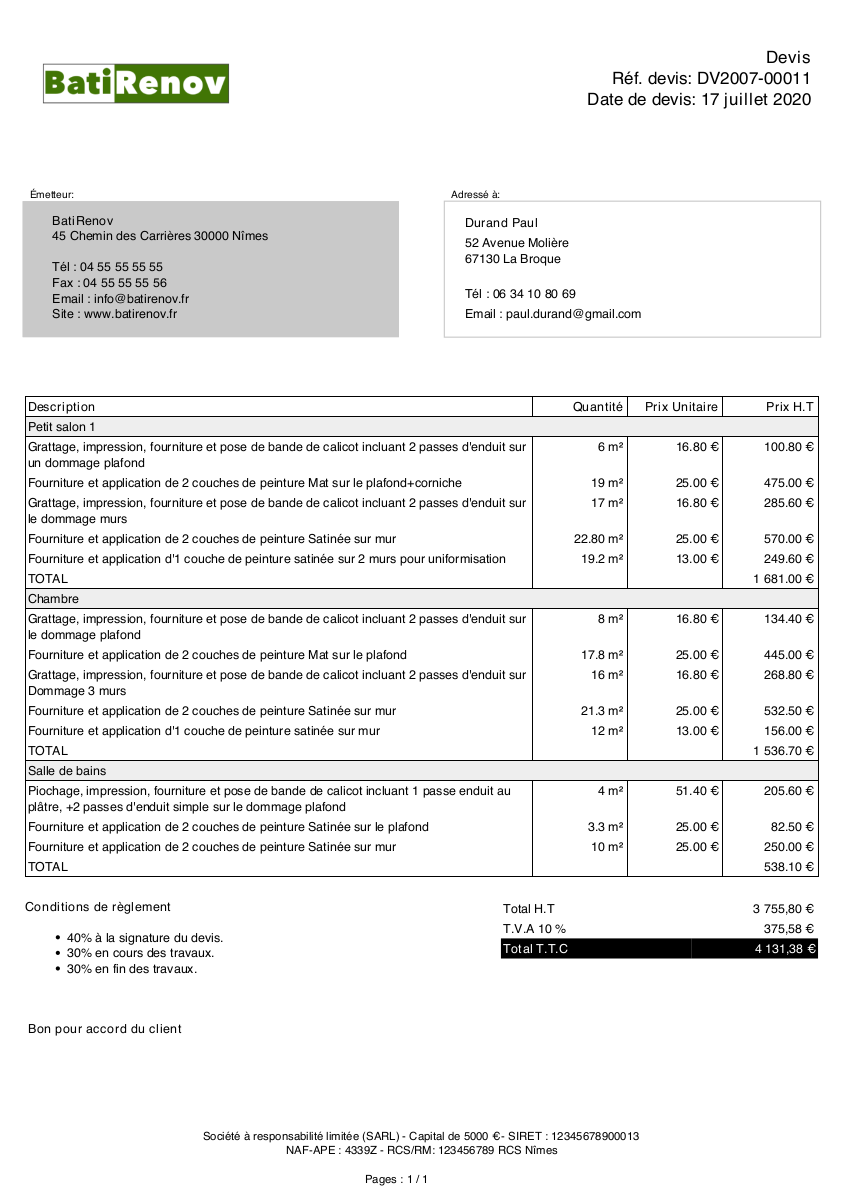 Exemple de devis de peintre